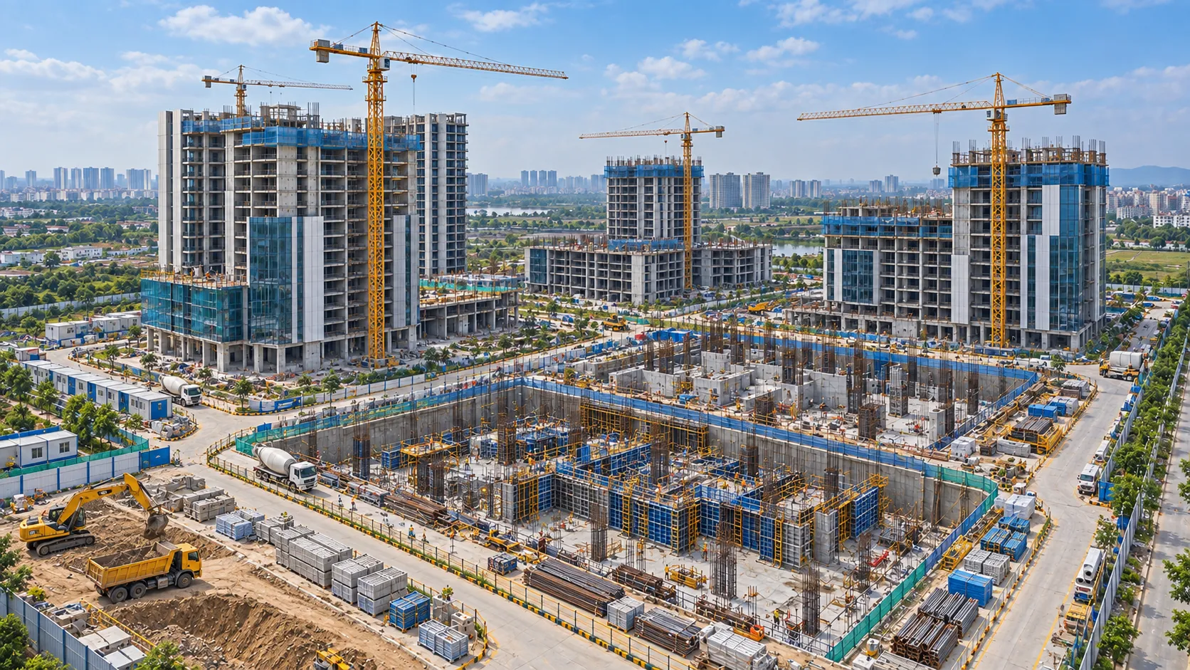 Contemporary Indian urban construction site with multi-story buildings and tower cranes